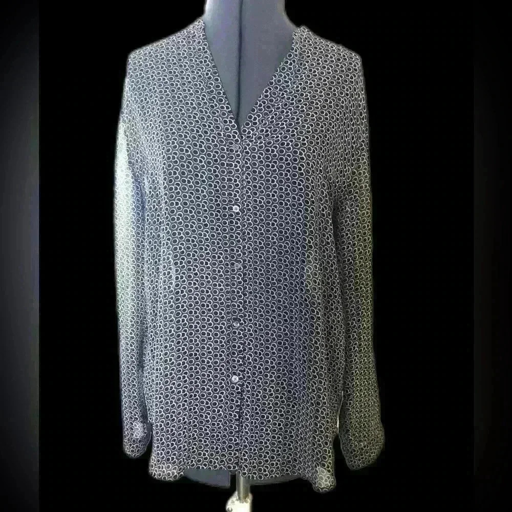 Ann Taylor Black White Circles Bubbles Long Sleeve Career Top Women Large